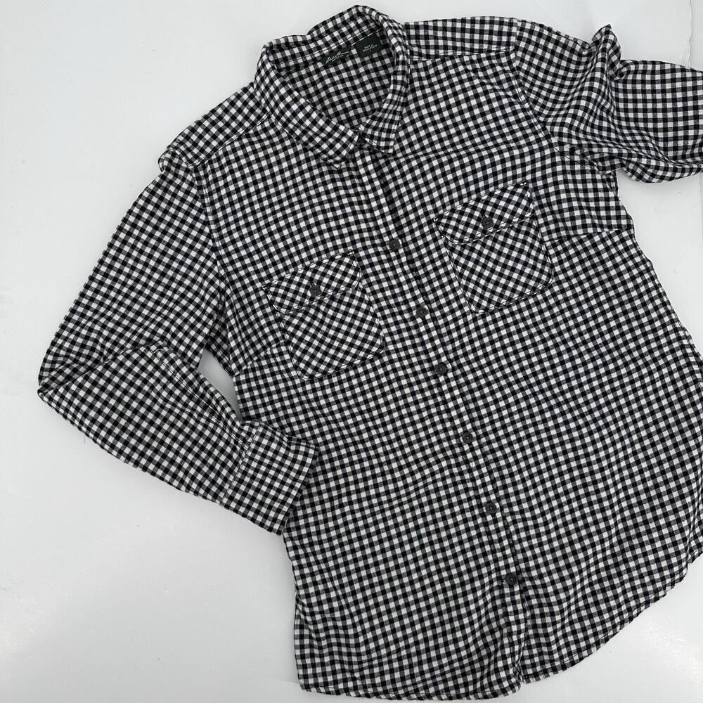 Eddie Bauer Button Up Shirt 100% Cotton Black Gingham Pockets Women's Size L‎
